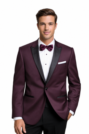 Model wearing the Plum Venice Tuxedo