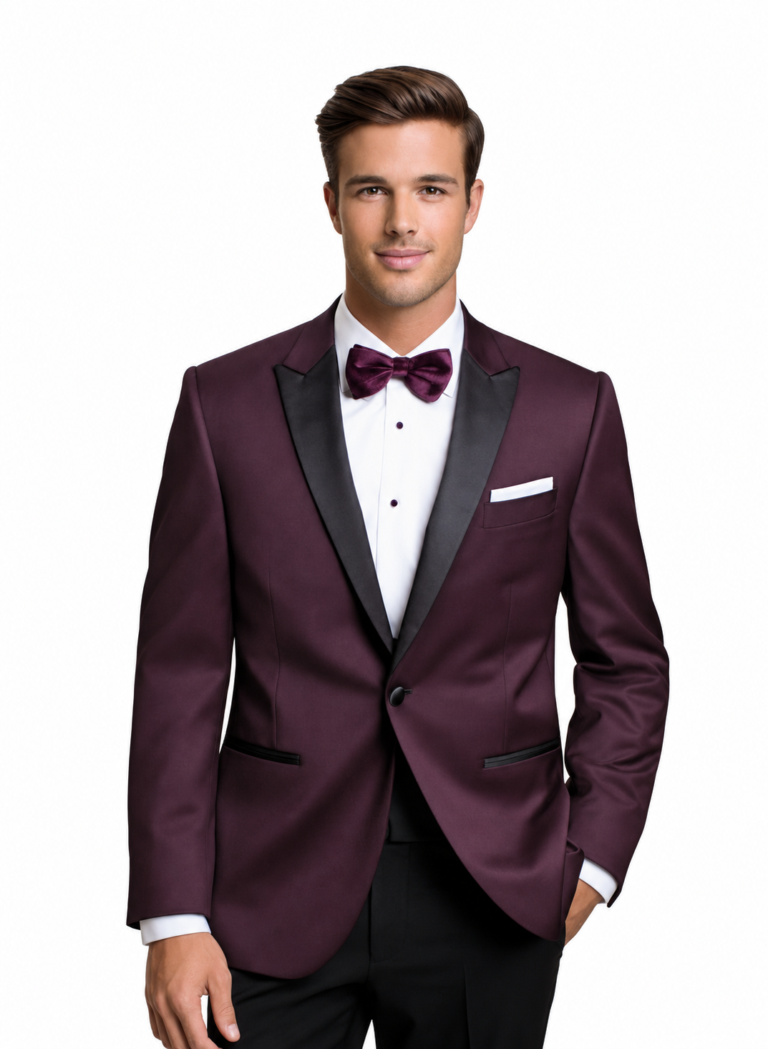 Model wearing the Plum Venice Tuxedo
