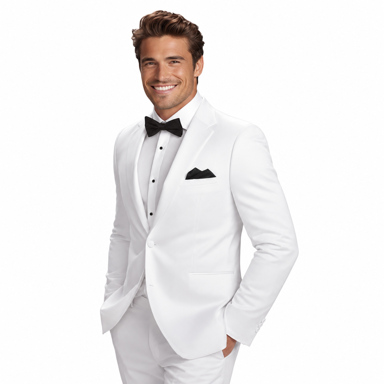 white-roman-original-model-angle | National Tuxedo Rentals White Roma Tuxedo on a model, alternate view 1