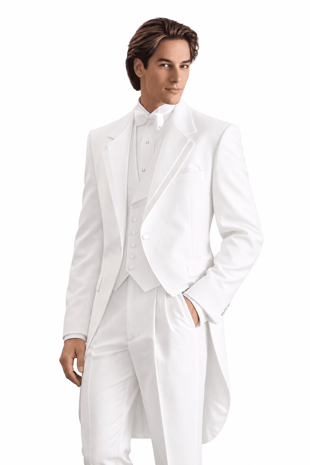 white-tailcoat-original-model-angle | National Tuxedo Rentals White Notch Tailcoat on a model, alternate view 1